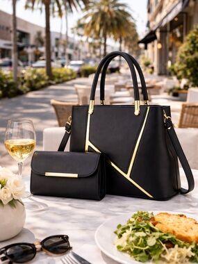 ✨ Elevated Elegance – 2 Piece Satchel & Clutch Set Black and Gold✨